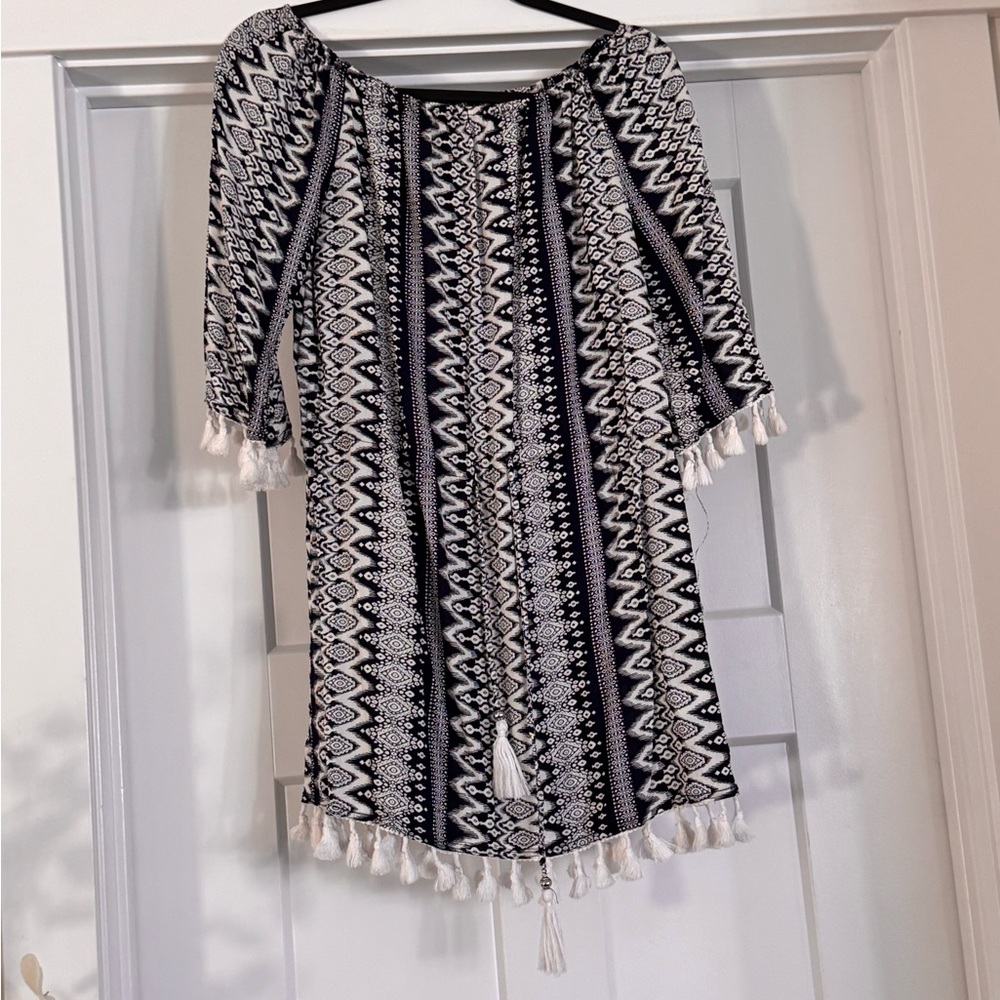 Navy and White Patterned coverup Dress with Tassels